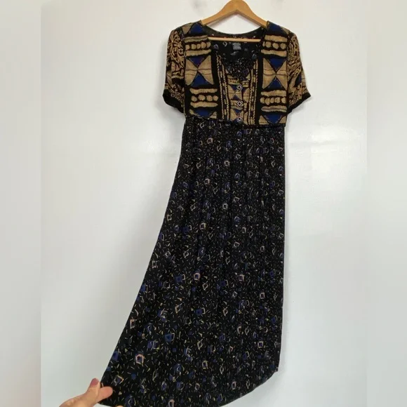 Carole Little 90s Pleated Maxi Dress Sz 12 Tribal Boho Whimsigoth V-Neck VTG USA - Picture 3 of 12